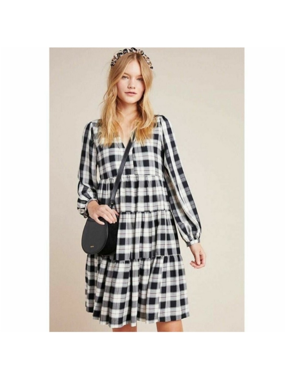 Anthropologie Maeve Black and White Plaid Tiered V-Neck Long Sleeve Dress - Picture 5 of 9